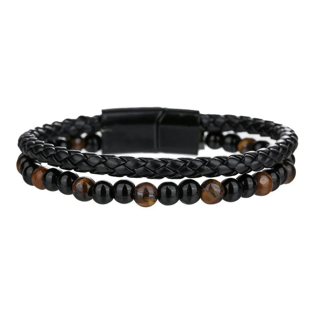 Double Layer Natural Tiger Eye Stone Volcanic Stone Bracelet