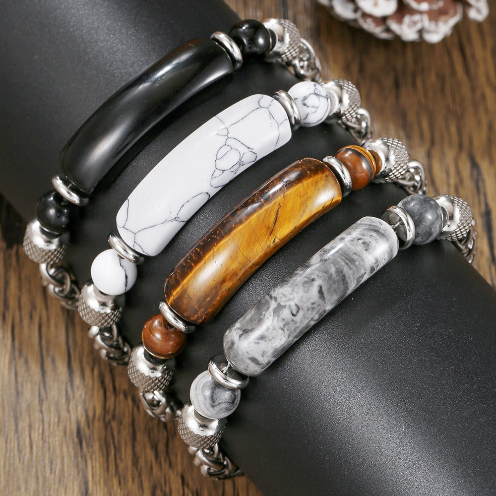 Black Agate White Turquoise Tiger Eye Stone Bead Bracelet